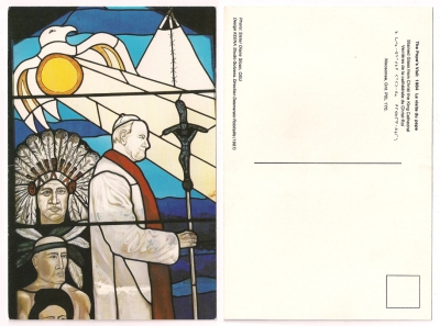 Postcard of a Christian priest with aboriginal images