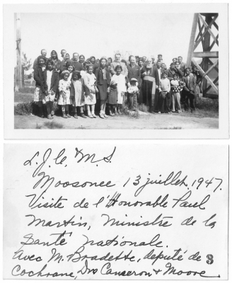 Cree people and politician visiting Moosonee in 1947