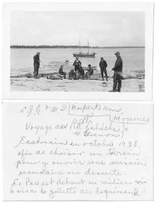 Sailboat and Cree men delivering goods