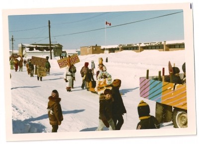 A Christmas parade in downtown Moosonee